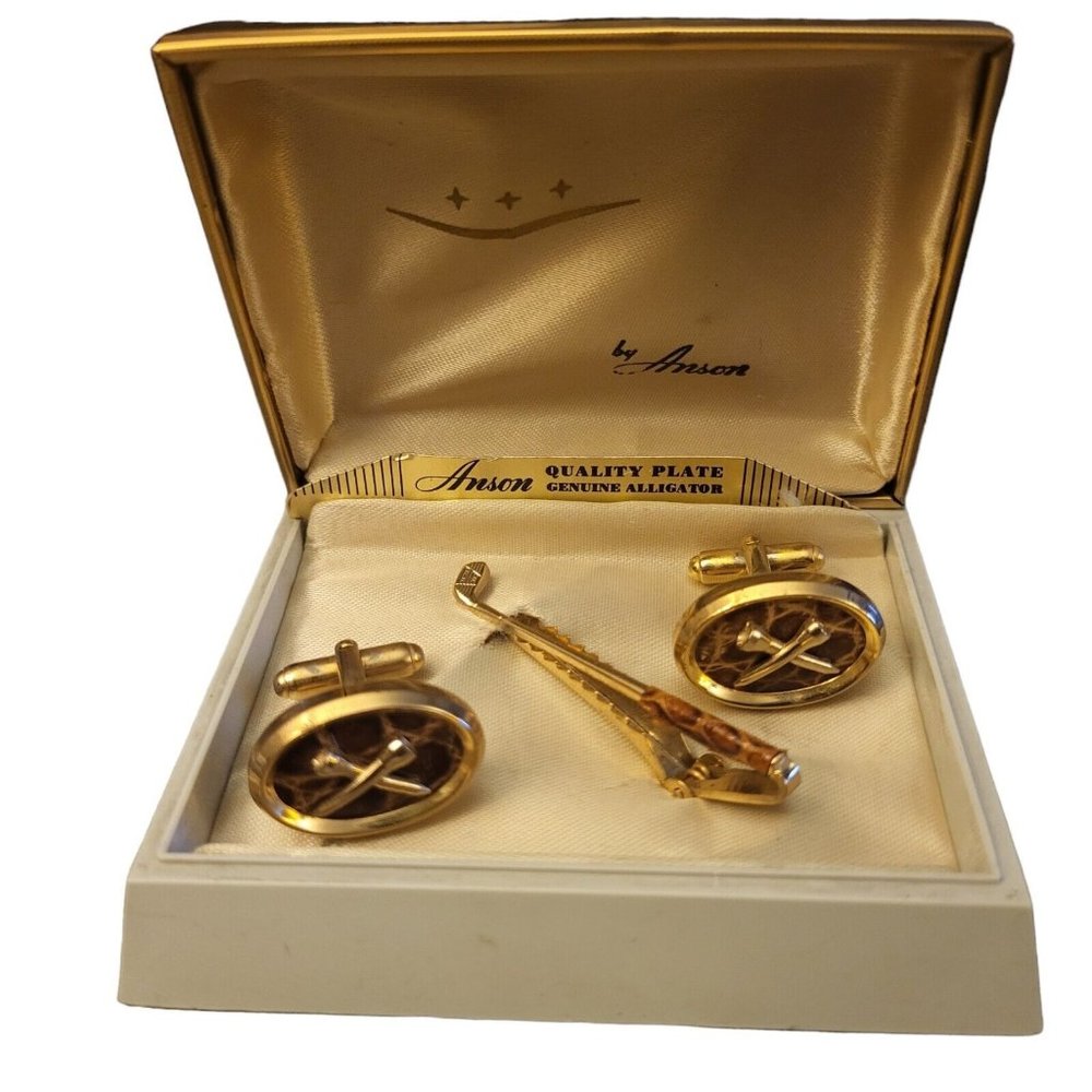 Vintage Mens 1950s Anson Cufflink Tie Clip Set Genuine Alligator w/Original Box